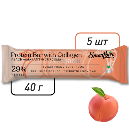 Батончик протеиновый Smartbar Protein ORGANIC "Персик, амарант и куркума", 5 шт. х 40 г